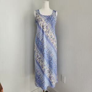 Vintage Dressbarn Blue Floral Diagonal Striped Sheath Sleeveless Maxi Dress M